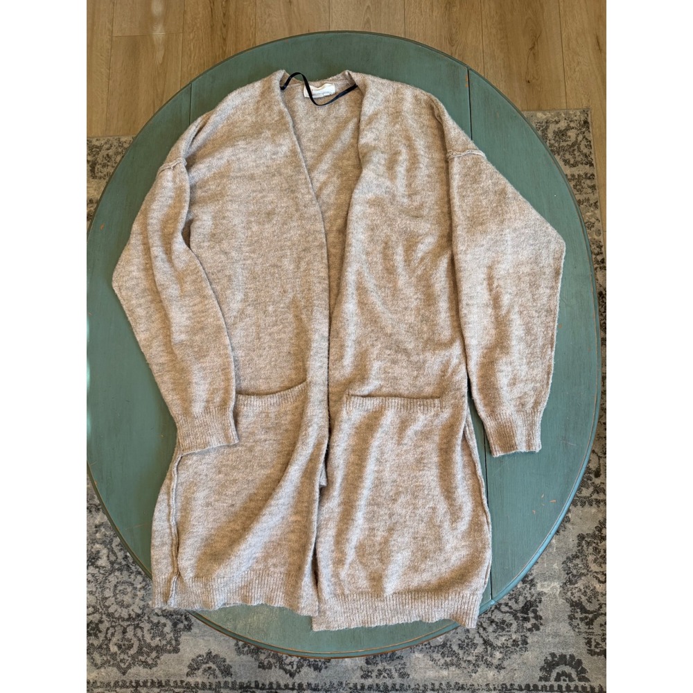 Anthropologie Oatmeal Beige Wool Blend Open Front Longline Cardigan XL Pockets